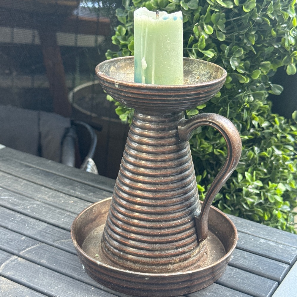 Rustic Ribbed Metal Candle Holder with Handle – Vintage Farmhouse Charm